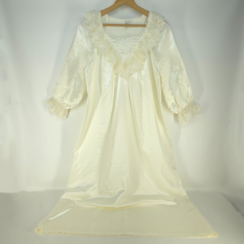 Vintage Llise Stevens Nightgown Womens Medium White Satin Lace Ruffle Cuffs Long - Picture 2 of 16
